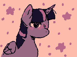 Size: 355x261 | Tagged: safe, artist:gh0stmist, derpibooru import, twilight sparkle, twilight sparkle (alicorn), alicorn, pony, animated, blushing, ear blush, empty eyes, female, folded wings, frame by frame, g4, gif, horn, image, limited palette, mare, narrowed eyes, no catchlights, no mouth, nose blush, orange background, purple coat, simple background, solo, sparkles, squigglevision, stars, two toned mane, unicorn horn, wigglypaint, wings