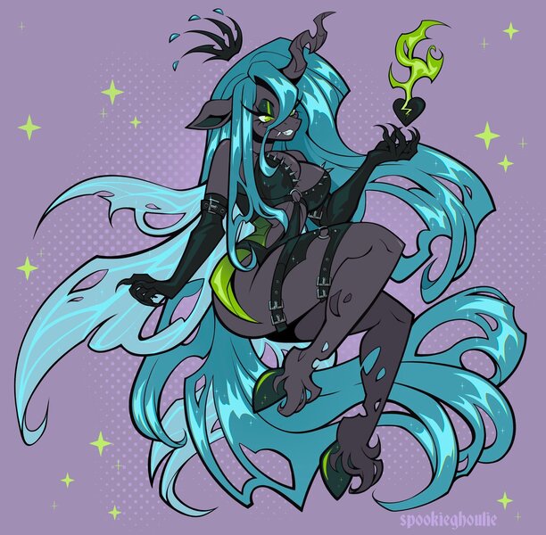Size: 2048x2009 | Tagged: suggestive, artist:spookieghoulie, derpibooru import, queen chrysalis, anthro, changeling, changeling queen, pony, unguligrade anthro, breasts, busty queen chrysalis, carapace, claws, cleavage, clothes, colored hooves, colored pinnae, crown, devious smile, eye clipping through hair, eyeshadow, fangs, female, floating crown, floating heart, floppy ears, g4, garters, gloves, gray coat, green eyes, halftone, heart, high res, image, jewelry, jpeg, leather, leather gloves, lidded eyes, lingerie, long gloves, long mane, long tail, looking at something, magic, makeup, mare, patterned background, purple background, raised arm, regalia, sharp nails, sharp teeth, shiny hooves, shiny mane, shiny tail, signature, simple background, sitting, smiling, solo, solo female, sparkles, sparkly mane, sparkly tail, spikes, tail, teal mane, teal tail, teeth, thick eyelashes, tiara, unshorn fetlocks, wall of tags, wide hips