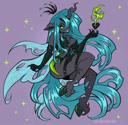 Size: 2048x2009 | Tagged: suggestive, artist:spookieghoulie, derpibooru import, queen chrysalis, anthro, changeling, changeling queen, pony, unguligrade anthro, breasts, busty queen chrysalis, carapace, claws, cleavage, clothes, colored hooves, colored pinnae, crown, devious smile, eye clipping through hair, eyeshadow, fangs, female, floating crown, floating heart, floppy ears, g4, garters, gloves, gray coat, green eyes, halftone, heart, high res, image, jewelry, jpeg, leather, leather gloves, lidded eyes, lingerie, long gloves, long mane, long tail, looking at something, magic, makeup, mare, patterned background, purple background, raised arm, regalia, sharp nails, sharp teeth, shiny hooves, shiny mane, shiny tail, signature, simple background, sitting, smiling, solo, solo female, sparkles, sparkly mane, sparkly tail, spikes, tail, teal mane, teal tail, teeth, thick eyelashes, tiara, unshorn fetlocks, wall of tags, wide hips