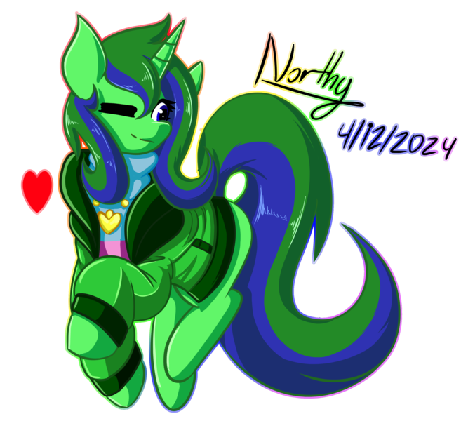 Size: 3000x2700 | Tagged: safe, artist:northern wind, derpibooru import, oc, oc:northern wind, unofficial characters only, pony, unicorn, blue eyes, clothes, cute, digital art, eyelashes, female, g4, green mane, green tail, happy, heart, heart necklace, horn, image, jacket, jewelry, krita, looking at you, mare, necklace, one eye closed, png, shirt, signature, simple background, smiling, smiling at you, solo, t-shirt, tail, transparent background, two toned mane, two toned tail, wink, winking at you