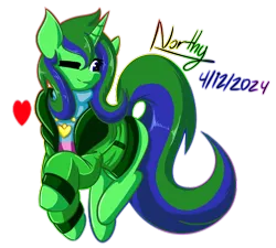 Size: 3000x2700 | Tagged: safe, artist:northern wind, derpibooru import, oc, oc:northern wind, unofficial characters only, pony, unicorn, blue eyes, clothes, cute, digital art, eyelashes, female, g4, green mane, green tail, happy, heart, heart necklace, horn, image, jacket, jewelry, krita, looking at you, mare, necklace, one eye closed, png, shirt, signature, simple background, smiling, smiling at you, solo, t-shirt, tail, transparent background, two toned mane, two toned tail, wink, winking at you