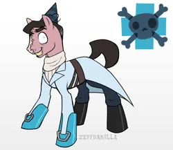 Size: 1150x1000 | Tagged: safe, artist:zeffdakilla, derpibooru import, oc, oc:rudolph, ponified, unofficial characters only, earth pony, pony, belt, blind eye, boots, buckle, clothes, coat, cutie mark, derpibooru exclusive, evil grin, gloves, gradient background, grin, hat, image, lab coat, medic, pants, party hat, png, reference sheet, shoes, smiling, solo, standing, stitches, sweater, team fortress 2, turtleneck