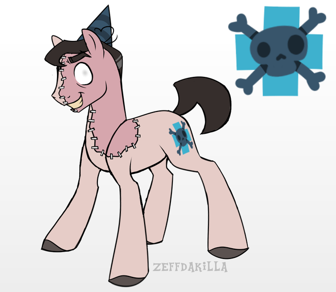 Size: 1150x1000 | Tagged: safe, artist:zeffdakilla, derpibooru import, oc, oc:rudolph, ponified, unofficial characters only, earth pony, pony, cutie mark, derpibooru exclusive, evil grin, gradient background, grin, hat, hooves, image, medic, party hat, png, reference sheet, smiling, solo, standing, stitches, team fortress 2