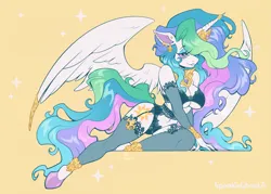 Size: 2271x1622 | Tagged: suggestive, artist:spookieghoulie, derpibooru import, princess celestia, alicorn, anthro, pony, unguligrade anthro, arm warmers, bedroom eyes, big breasts, breasts, busty princess celestia, cleavage, clothes, crown, ear piercing, earring, eyeshadow, female, g4, garter belt, hair over one eye, horn, horn ring, image, jewelry, leg warmers, lingerie, lipstick, long eyelashes, makeup, mare, piercing, png, regalia, ring, sexy, signature, simple background, socks, solo, solo female, sparkles, stockings, stupid sexy celestia, sultry pose, thigh highs, yellow background