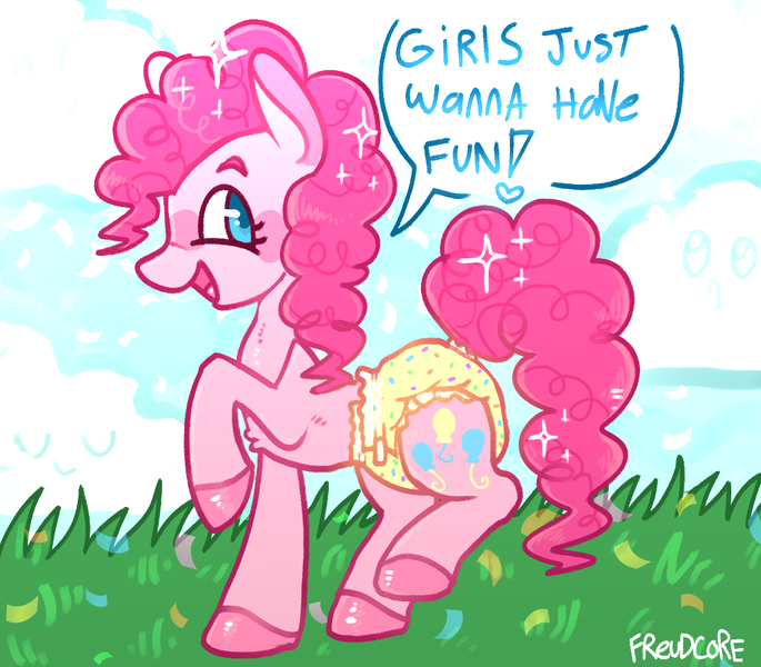 Size: 1000x876 | Tagged: questionable, artist:freudcore, derpibooru import, pinkie pie, earth pony, pony, cloud, diaper, female, grass, image, looking at you, looking sideways, mare, non-baby in diaper, outdoors, png, raised hoof, smiling, solo, speech bubble