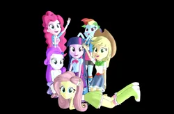 Size: 700x460 | Tagged: safe, derpibooru import, applejack, fluttershy, pinkie pie, rainbow dash, rarity, sci-twi, twilight sparkle, human, equestria girls, 3d, black background, female, g4, humane five, humane six, image, mane six opening poses, mmd, png, simple background, waving, waving at you