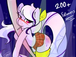 Size: 1024x768 | Tagged: suggestive, artist:kikiluv, derpibooru import, oc, oc:fabulous jin, unofficial characters only, anthro, pony, blushing, bow, butt, candy, clothes, crossdressing, food, hair bow, image, jpeg, lollipop, male, male oc, males only, pole, pole dancing, skirt, socks, stripper pole