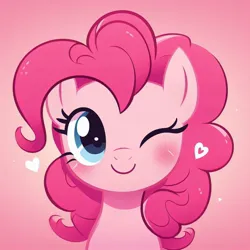 Size: 1024x1024 | Tagged: safe, ai content, derpibooru import, machine learning generated, prompter:doomguy397, pinkie pie, pony, cute, female, g4, generator:dall-e 3, heart, image, jpeg, mare, one eye closed, pink background, simple background, smiling, wink