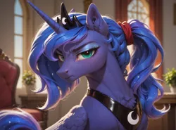 Size: 1080x800 | Tagged: prompter needed, source needed, safe, ai content, derpibooru import, machine learning generated, stable diffusion, princess luna, alicorn, annoyed, blushing, frown, g4, generator:pony diffusion v6 xl, hair tie, hairband, image, lacrimal caruncle, looking at you, png, sternocleidomastoid, sunlight, window