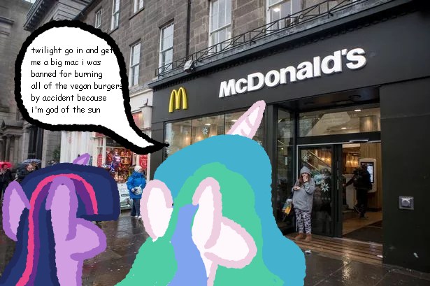 Size: 615x409 | Tagged: safe, artist:zoeyhorse, derpibooru import, princess celestia, twilight sparkle, alicorn, human, pony, unicorn, dialogue, facing away, fast food, female, food, horn, image, irl, mare, mcdonald's, photo, png, ponies in real life, speech bubble