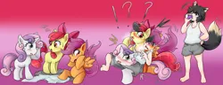 Size: 2275x877 | Tagged: safe, artist:nageruamado, derpibooru import, apple bloom, scootaloo, sweetie belle, earth pony, pegasus, pony, unicorn, blushing, cutie mark crusaders, female, filly, foal, furry to pony, gradient background, horn, human to pony, image, japanese reading order, jpeg, kemonomimi, mitosis, open mouth, sweat, sweatdrop, transformation, transformation sequence