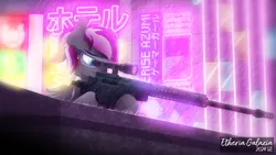 Size: 3840x2160 | Tagged: safe, artist:etheria galaxia, derpibooru import, oc, oc:bitwise operator, unofficial characters only, bat pony, cyber pony, cyborg, pony, ear fluff, female, goggles, gun, image, mare, neon, neon sign, png, rain, rifle, scope, sniper rifle, watermark, weapon
