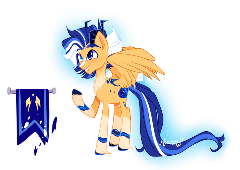 Size: 5500x3900 | Tagged: safe, artist:marihht, derpibooru import, oc, unofficial characters only, hybrid, pegasus, pony, absurd resolution, blaze (coat marking), chest fluff, coat markings, crack ship offspring, facial markings, freckles, grin, horns, image, interspecies offspring, magical gay spawn, male, offspring, parent:discord, parent:flash sentry, parents:flashcord, png, simple background, smiling, socks (coat marking), solo, stallion, transparent background