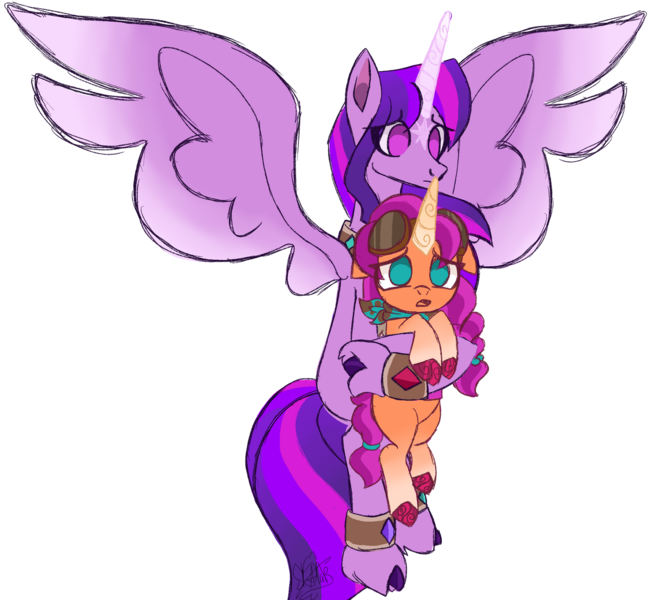 Size: 1280x1176 | Tagged: safe, artist:butterfly-mak, derpibooru import, sunny starscout, twilight sparkle, twilight sparkle (alicorn), alicorn, pony, g5, alternate universe, bandana, coat markings, duo, duo female, facial markings, female, g4, goggles, goggles on head, holding a pony, image, mare, no pupils, png, simple background, size difference, spread wings, star (coat marking), story included, sunny and her heroine, transparent background, unshorn fetlocks, wings