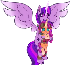 Size: 1280x1176 | Tagged: safe, artist:butterfly-mak, derpibooru import, sunny starscout, twilight sparkle, twilight sparkle (alicorn), alicorn, pony, g5, alternate universe, bandana, coat markings, duo, duo female, facial markings, female, g4, goggles, goggles on head, holding a pony, image, mare, no pupils, png, simple background, size difference, spread wings, star (coat marking), story included, sunny and her heroine, transparent background, unshorn fetlocks, wings
