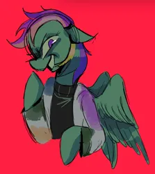 Size: 1209x1358 | Tagged: safe, artist:justvoidsdumbstuff1, derpibooru import, rainbow dash, pegasus, pony, fanfic:rainbow factory, blue coat, bust, clothes, colored sketch, evil grin, fanfic art, female, floppy ears, g4, grin, image, jpeg, lab coat, mare, multicolored hair, multicolored mane, narrowed eyes, pink eyes, profile, rainbow factory dash, rainbow hair, raised hoof, red background, simple background, sinister smile, sketch, smiling, solo, spread wings, sweater, turtleneck, wings