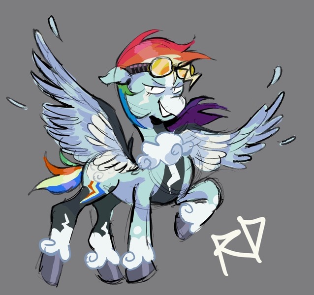 Size: 1094x1029 | Tagged: safe, artist:justvoidsdumbstuff1, derpibooru import, rainbow dash, pegasus, pony, alternate color palette, alternate design, blaze (coat marking), blue coat, coat markings, colored hooves, colored muzzle, colored sketch, colored wings, colored wingtips, eyelashes, facial markings, feather, female, floppy ears, g4, goggles, goggles on head, gray background, image, jpeg, looking at you, mare, multicolored hair, multicolored mane, multicolored tail, multicolored wings, narrowed eyes, rainbow hair, rainbow tail, raised hoof, redesign, shiny hooves, short hair rainbow dash, short mane, short tail, shrunken pupils, simple background, sketch, smiling, smiling at you, socks (coat marking), solo, spread wings, standing, tail, text, twitterina design, unshorn fetlocks, wings