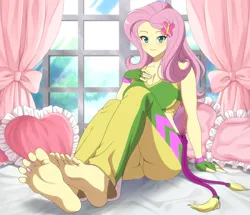 Size: 2069x1781 | Tagged: safe, artist:folk-dude-philip, derpibooru import, fluttershy, human, equestria girls, barefoot, bed, breasts, busty fluttershy, cleavage, commission, feet, female, foot focus, g4, image, pillow, png, solo, window, ych result
