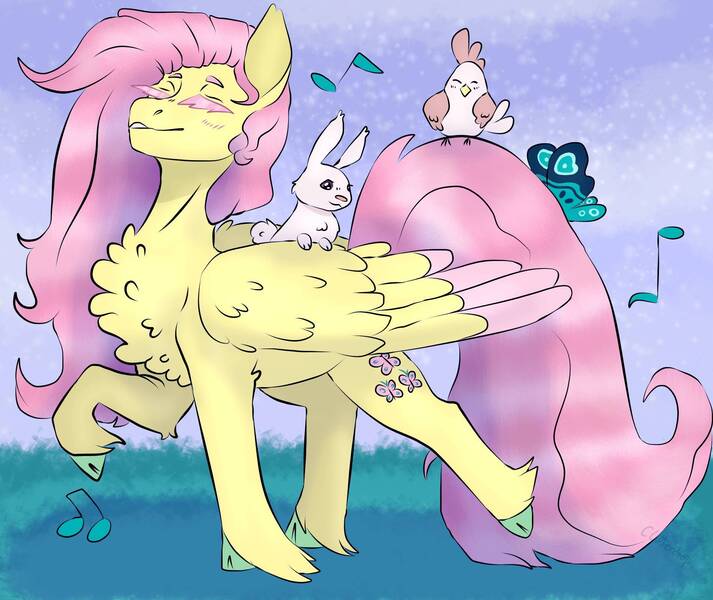 Size: 1900x1600 | Tagged: safe, artist:cluterdrop, derpibooru import, fluttershy, bird, butterfly, chicken, insect, pegasus, pony, rabbit, animal, chest fluff, cloven hooves, colored wings, colored wingtips, cute, eyes closed, female, hen, image, jpeg, mare, music notes, pink eyelashes, shyabetes, smiling, solo, strutting, unshorn fetlocks, wings