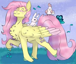 Size: 1900x1600 | Tagged: safe, artist:cluterdrop, derpibooru import, fluttershy, bird, butterfly, chicken, insect, pegasus, pony, rabbit, animal, chest fluff, cloven hooves, colored wings, colored wingtips, cute, eyes closed, female, hen, image, jpeg, mare, music notes, pink eyelashes, shyabetes, smiling, solo, strutting, unshorn fetlocks, wings