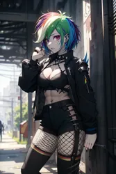 Size: 1024x1536 | Tagged: safe, ai content, derpibooru import, machine learning generated, rainbow dash, human, breasts, busty rainbow dash, choker, cleavage, clothes, ear piercing, earring, emotionless, fishnet clothing, fishnet pantyhose, fishnets, g4, goth, gothic, humanized, image, jacket, jewelry, long sleeves, looking at you, midriff, open clothes, open jacket, outdoors, outfit, pantyhose, piercing, png, punk, short hair, shorts, socks, spikes, stockings, straps, thigh highs