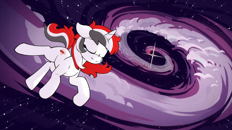 Size: 1920x1080 | Tagged: safe, derpibooru import, edit, oc, oc:red rocket, unofficial characters only, pony, unicorn, bad end, cutie mark, eyes closed, female, game, horn, image, mare, marequest, png, smiling, solo, space, stars, unicorn oc