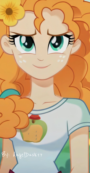 Size: 1189x2287 | Tagged: safe, ai content, derpibooru import, machine learning generated, prompter:angeldusk17, pear butter, equestria girls, flower, g4, image, photo, photoshop, png