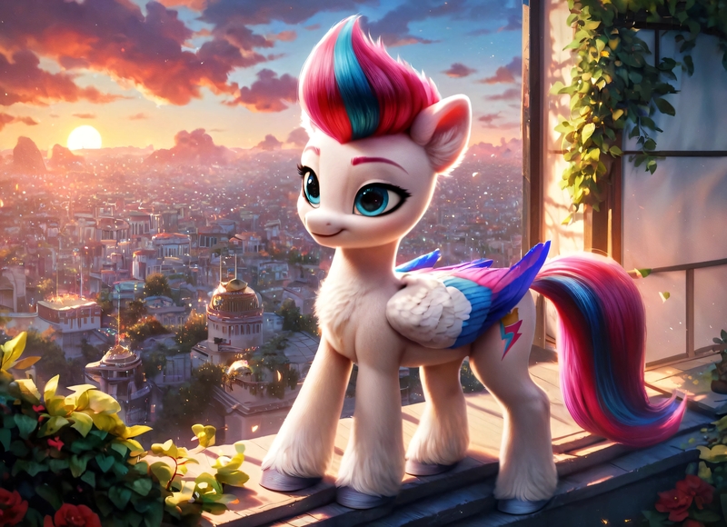 Size: 5120x3712 | Tagged: safe, ai content, derpibooru import, machine learning generated, prompter:kluknawa235, stable diffusion, zipp storm, pegasus, g5, chest fluff, city, cityscape, cloud, cloudy, ear fluff, flower, generator:pony diffusion v6 xl, generator:purplesmart.ai, image, jpeg, smiling, sun, sunset