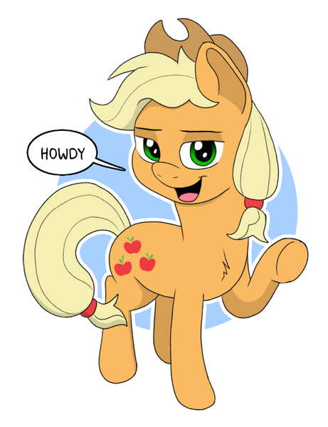 Size: 627x816 | Tagged: safe, alternate version, derpibooru import, edit, applejack, earth pony, pony, circle background, female, howdy, image, lidded eyes, looking at you, mare, open mouth, open smile, png, raised hoof, remake, simple background, smiling, smiling at you, solo, white background