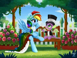 Size: 2400x1800 | Tagged: safe, artist:darksly, derpibooru import, rainbow dash, spike, dragon, pegasus, pony, bench, bowtie, clothes, cute, dress, female, flower, garden, hat, image, jpeg, looking at each other, looking at someone, male, ship:rainbowspike, shipping, straight, top hat, tuxedo, winged spike, wings