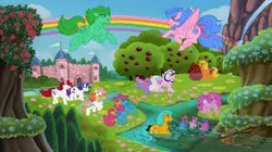 Size: 300x168 | Tagged: source needed, useless source url, safe, artist:emberwolfsart, derpibooru import, applejack (g1), bubbles (g1), cotton candy (g1), ember (g1), firefly, first born, glory, medley, moondancer (g1), sealight, seawinkle, twilight sparkle, wavedancer, earth pony, pegasus, pony, unicorn, g1, rescue at midnight castle, apple, apple tree, baby, baby pony, background, bipedal, bow, bow tie (g1), castle, cloud, eyes closed, female, flying, food, hair bow, horn, image, jpeg, open mouth, open smile, ponyland, rainbow, river, seapony (g1), sky, smiling, spread wings, standing, tail, tail bow, tree, walking, water, wings