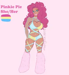 Size: 1280x1388 | Tagged: suggestive, artist:asleepy-brat, derpibooru import, pinkie pie, human, big breasts, breasts, female, humanized, image, moderate dark skin, png, pride, pride flag, solo, solo female