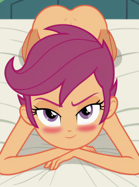 Size: 896x1200 | Tagged: suggestive, ai content, banned from derpibooru, machine learning generated, scootaloo, equestria girls, all fours, bed, bedroom eyes, blushing, butt, child, female, image, lolicon, nudity, png, prone, scootabutt, seduction, seductive, seductive look, seductive pose, seductive smile, smug, solo, solo female, underage