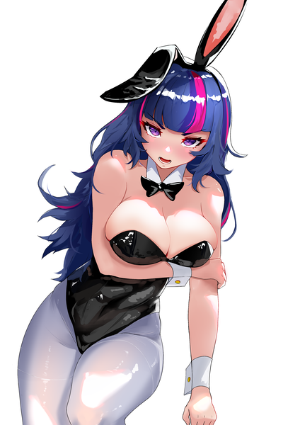 Size: 2480x3508 | Tagged: suggestive, alternate version, artist:zpdea, derpibooru import, twilight sparkle, human, anime, arm under breasts, big breasts, bowtie, breasts, bunny ears, bunny suit, busty twilight sparkle, cleavage, clothes, corset, female, g4, high res, humanized, image, light skin, looking at you, open mouth, pantyhose, png, simple background, solo, solo female, white background