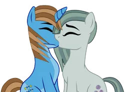Size: 1278x942 | Tagged: safe, artist:ncolque, derpibooru import, marble pie, oc, oc:sharp stars, earth pony, pony, unicorn, canon x oc, horn, image, kissing, png, romance, simple background, transparent background