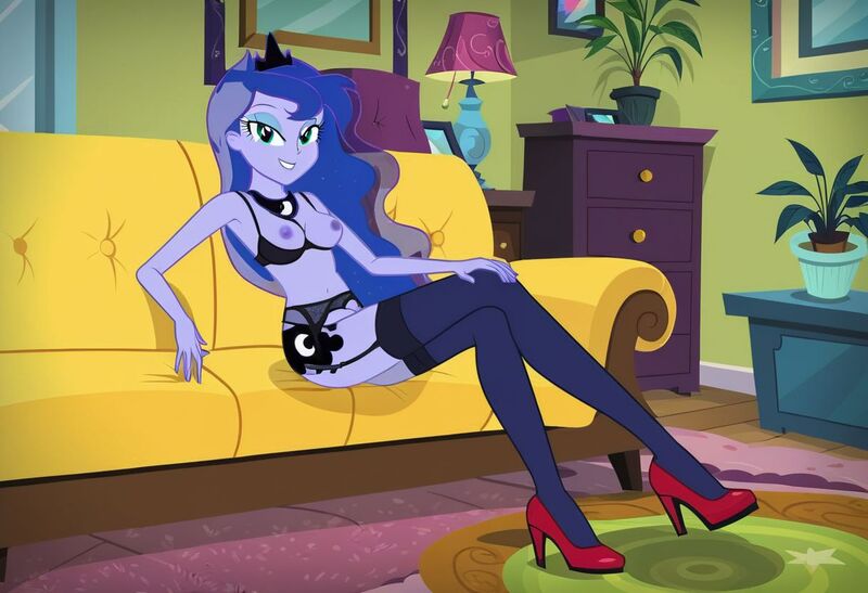 Size: 1216x832 | Tagged: questionable, ai content, machine learning generated, stable diffusion, princess luna, human, equestria girls, black bra, black panties, black stockings, busty princess luna, couch, drawers, exposed breasts, flirty, garter belt, hand on leg, high heels, image, inviting, jpeg, lamp, living room, nudity, pinup, plants, rug, seductive pose, sexy, sitting, smiling, solo, vice principal luna