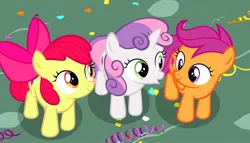 Size: 1200x685 | Tagged: safe, derpibooru import, screencap, apple bloom, scootaloo, sweetie belle, earth pony, pegasus, pony, unicorn, the fault in our cutie marks, adorabloom, confetti, cute, cutealoo, cutie mark, cutie mark crusaders, cutie mark cuties, diasweetes, female, filly, g4, horn, image, jpeg, looking up, the cmc's cutie marks