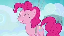 Size: 1200x675 | Tagged: safe, derpibooru import, screencap, pinkie pie, earth pony, pony, secrets and pies, ^^, balloon, eyes closed, floating, g4, image, jpeg, solo, then watch her balloons lift her up to the sky