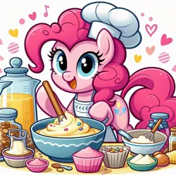 Size: 1024x1024 | Tagged: safe, ai content, artist:user15432, derpibooru import, machine learning generated, prompter:user15432, pinkie pie, earth pony, pony, apron, baking, batter, bowl, cake batter, candy, chef's hat, clothes, egg (food), female, food, g4, generator:bing image creator, generator:dall-e 3, hat, heart, image, ingredients, jpeg, looking at you, mare, mixing, mixing bowl, nuts, open mouth, open smile, smiling, solo