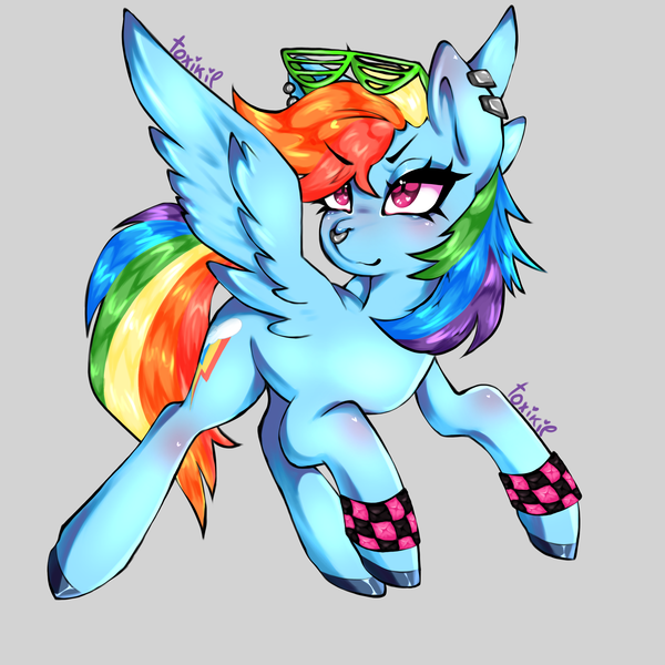 Size: 3000x3000 | Tagged: safe, artist:toxikil, derpibooru import, rainbow dash, pegasus, pony, accessory, anatomically correct, blushing, bracelet, colored, colorful, ear piercing, earring, eyebrows, eyebrows visible through hair, fierce, flying, full body, glasses, hooves, image, jewelry, makeup, multicolored hair, nose piercing, nose ring, nudity, piercing, png, pose, rainbow hair, raised hoof, shading, shiny hooves, shiny mane, solo, spread wings, vulva, wingding eyes, wings