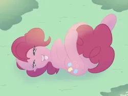 Size: 3342x2532 | Tagged: safe, artist:tkshoelace, derpibooru import, pinkie pie, earth pony, pony, bush, g4, grass, image, laughing, lying down, lying on the ground, on back, png, solo