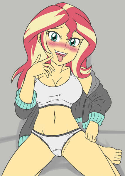 Size: 2347x3307 | Tagged: suggestive, artist:sumin6301, derpibooru import, sunset shimmer, human, equestria girls, 2d, bedroom eyes, belly button, blushing, breasts, busty sunset shimmer, cleavage, clothes, female, g4, gray background, image, jacket, jpeg, kneeling, legs, long sleeves, midriff, open mouth, open smile, simple background, smiling, solo, sports bra, sports panties, spread legs, spreading, tongue out