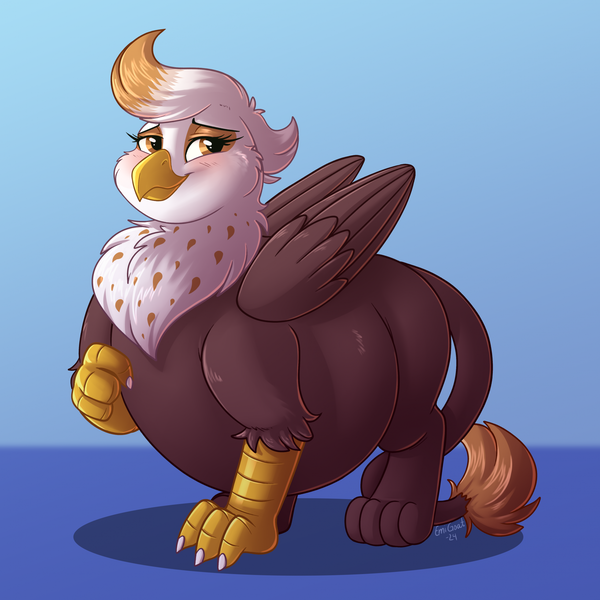 Size: 1919x1919 | Tagged: safe, artist:sugaryviolet, derpibooru import, oc, oc:macchiato (griffon), unofficial characters only, gryphon, belly, big belly, blushing, cute, fat, female, griffon oc, image, looking at you, png, simple background, smiling, smiling at you, solo, standing