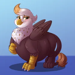Size: 1919x1919 | Tagged: safe, artist:sugaryviolet, derpibooru import, oc, oc:macchiato (griffon), unofficial characters only, gryphon, belly, big belly, blushing, cute, fat, female, griffon oc, image, looking at you, png, simple background, smiling, smiling at you, solo, standing