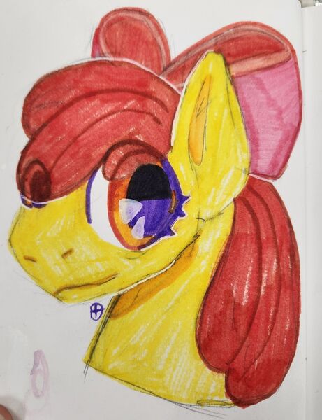 Size: 1536x2000 | Tagged: safe, artist:drathia, derpibooru import, apple bloom, earth pony, pony, bust, eye clipping through hair, female, filly, foal, image, jpeg, looking at you, photo, portrait, simple background, smiling, smiling at you, solo, traditional art, white background