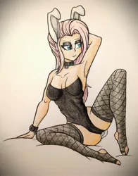 Size: 2268x2900 | Tagged: suggestive, artist:cmdraj, derpibooru import, fluttershy, human, bunny ears, bunny tail, clothes, collar, cuffs, fishnet clothing, fishnets, image, jpeg, latex, socks, solo, stockings, tail, thigh highs, traditional art