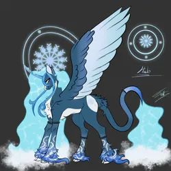 Size: 2048x2048 | Tagged: safe, artist:arcticsaiyan, derpibooru import, oc, oc:queen glacious, alicorn, coat markings, cracked horn, g4, glow, glowing eyes, glowing mane, halo, horn, ice, image, jpeg, leonine tail, snow, snowflake, socks (coat marking), solo, tail, water mane