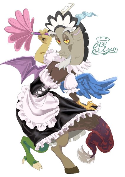 Size: 1446x2048 | Tagged: safe, artist:papaiya_egg, derpibooru import, discord, draconequus, clothes, corset, curtsey, duster, image, jpeg, looking at you, maid, maid discord, male, simple background, solo, white background