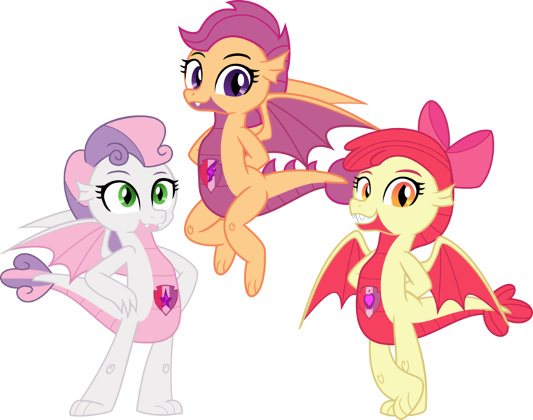 Size: 2637x2076 | Tagged: safe, artist:dupontsimon, derpibooru import, apple bloom, scootaloo, sweetie belle, dragon, fanfic:magic shorts, equestria girls, dragon bloom, dragonified, fanfic art, g4, image, png, scootadragon, species swap, sweetie dragon, transformation, vector