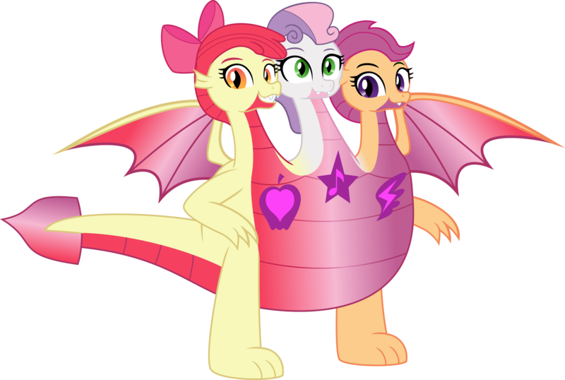 Size: 2710x1822 | Tagged: safe, artist:dupontsimon, derpibooru import, apple bloom, scootaloo, sweetie belle, dragon, fanfic:magic shorts, conjoined, dragon bloom, dragonified, fanfic art, g4, image, multiple heads, png, scootadragon, simple background, species swap, sweetie dragon, the ultimate cutie mark crusader, three heads, transformation, transparent background, vector